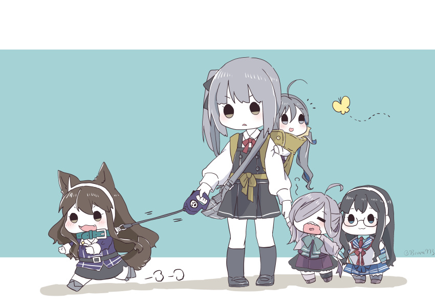 5girls :3 absurdres animal_ears asashimo_(kantai_collection) ashigara_(kantai_collection) backpack bag bangs black_hair black_legwear black_skirt blue_skirt blush brown_hair bug butterfly carrying chibi closed_eyes collar dress eyebrows_visible_through_hair fangs glasses grey_hair hair_over_one_eye hairband highres insect kantai_collection kasumi_(kantai_collection) kiyoshimo_(kantai_collection) leash long_hair long_sleeves multiple_girls nami_nami_(belphegor-5812) ooyodo_(kantai_collection) open_mouth piggyback pinafore_dress ponytail remodel_(kantai_collection) sailor_collar school_uniform serafuku shadow side_ponytail simple_background skirt standing tail twitter_username two-tone_background wolf_ears wolf_tail yawning