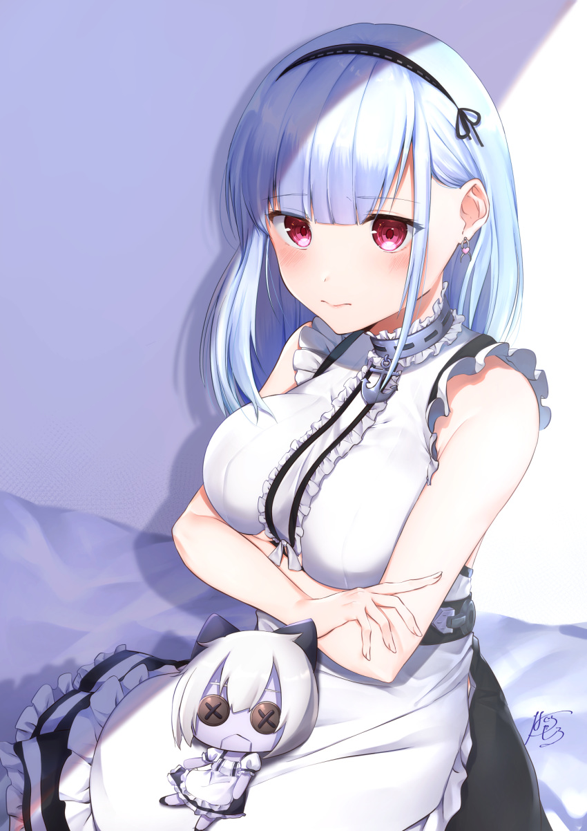 1girl aika_(1019-akari) apron azur_lane bare_shoulders black_hairband blush breasts character_doll dido_(azur_lane) earrings eyebrows_visible_through_hair frills hairband highres jewelry large_breasts long_hair looking_at_viewer maid purple_eyes silver_hair sitting sleeveless solo white_apron white_hair