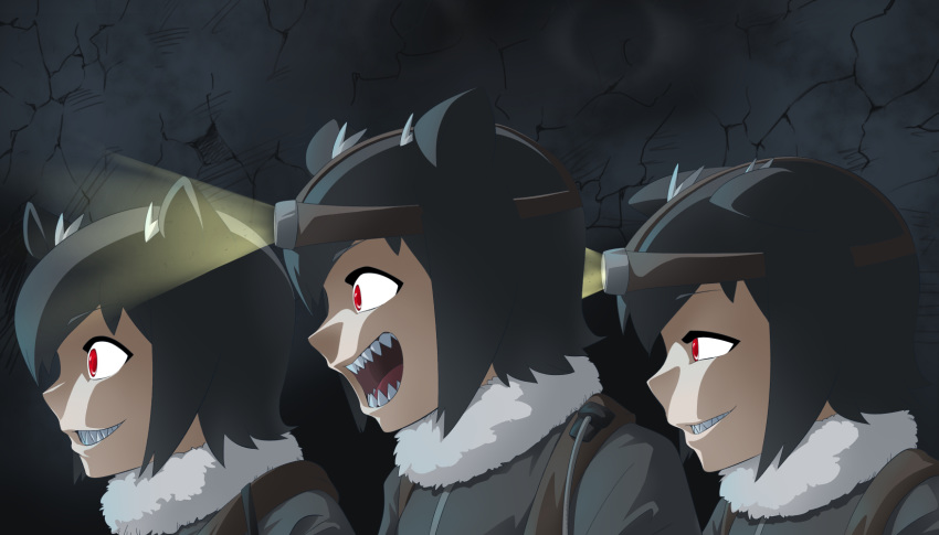 3girls :d animal_ears arai-san_mansion backpack bag black_hair clone commentary_request cracked_wall evil_grin evil_smile from_side fur_collar giant_otter_(kemono_friends)_(kuro_(kurojill)) grey_jacket grin half-closed_eyes headlamp highres indoors jacket kemono_friends light_rays looking_away looking_to_the_side multiple_girls open_mouth otter_ears red_eyes sharp_teeth short_hair smile strap teeth terumaeromae upper_body wall