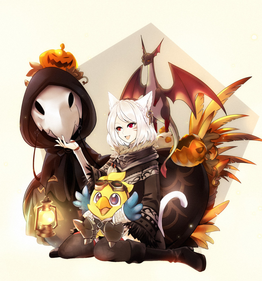 1girl :d aa2233a black_footwear black_legwear boots braid chocobo costume dragon earrings final_fantasy final_fantasy_xiv goggles goggles_on_head highres jack-o'-lantern jewelry lantern miqo'te open_mouth pale_skin red_eyes sitting smile tail wariza whisker_markings white_background white_hair