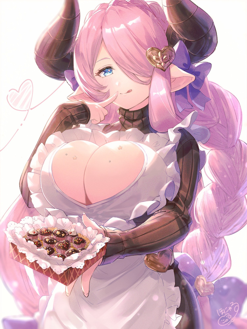 :p apron bangs blue_eyes bow box_of_chocolates braid breasts chocolate cleavage cleavage_cutout draph finger_to_mouth frilled_apron frills granblue_fantasy hair_bow hair_ornament hair_over_one_eye heart heart-shaped_pupils highres holding honyaru_(nanairo39) horns large_breasts lavender_hair long_hair narmaya_(granblue_fantasy) pointy_ears solo symbol-shaped_pupils tongue tongue_out twin_braids twintails white_apron white_background