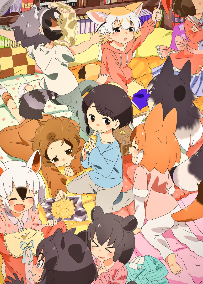 &gt;_&lt; 6+girls all_fours alternate_costume animal_ears back_bow barefoot black_hair black_jaguar_(kemono_friends) blanket blue_dress blue_hair blue_neckwear blue_pants blue_sweater blush bow bowtie brown_bear_(kemono_friends) brown_eyes brown_hair brown_sweater captain_(kemono_friends_3) chips closed_eyes collared_dress commentary_request common_raccoon_(kemono_friends) desk dhole_(kemono_friends) dog_ears dog_girl dog_tail drawstring dress eating extra_ears eyebrows_visible_through_hair fang fennec_(kemono_friends) food fox_ears fox_girl fox_tail frilled_dress frills grey_hair grey_pants grey_wolf_(kemono_friends) hair_tie hakoneko_(marisa19899200) highres holding_shirt hood hood_down hoodie jaguar_ears jaguar_girl japari_symbol juice_box kemono_friends kemono_friends_3 kneeling light_brown_hair long_hair long_sleeves lying malayan_tapir_(kemono_friends) multicolored_hair multiple_girls napkin no_hat no_headwear on_stomach open_mouth pajamas pants paper pencil pillow pink_bow pink_hoodie pink_pajamas pink_sweater pleated_dress polka_dot raccoon_ears raccoon_girl raccoon_tail red_neckwear shirt short_hair sitting sleepover sleepwear sloth_(kemono_friends) sock_dangle socks southern_tamandua_(kemono_friends) sweatdrop sweater sweatpants t-shirt tail tapir_ears tapir_girl white_hair white_shirt wolf_ears wolf_girl wolf_tail yellow_pants