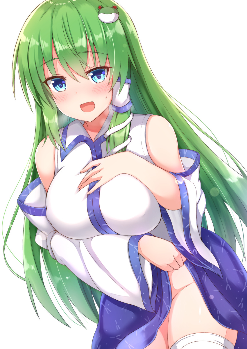 1girl :d bangs bare_shoulders blue_eyes blue_skirt blush breasts breath commentary_request cowboy_shot detached_sleeves eyebrows_visible_through_hair frog_hair_ornament green_hair groin hair_between_eyes hair_ornament hair_tubes hand_on_own_chest highres kochiya_sanae large_breasts leaning_forward lifted_by_self long_hair long_sleeves looking_at_viewer no_panties open_mouth shirt sidelocks simple_background skirt skirt_lift smile snake_hair_ornament solo standing thighhighs tksand touhou very_long_hair white_background white_legwear white_shirt wide_sleeves