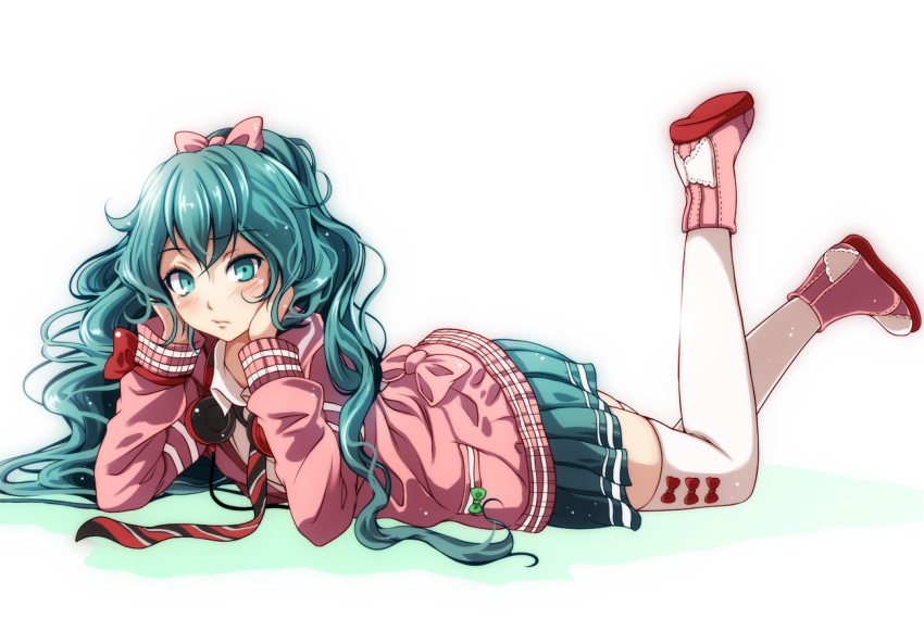 hatsune_miku headphones project_diva thighhighs tie tsukishiro_saika vocaloid