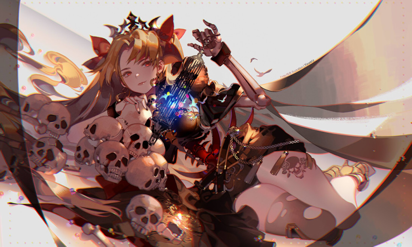 1girl artist_name belt bird black_cape black_nails black_shirt blonde_hair blood borrowed_design cape chain commentary_request copyright_name dangle_earrings dutch_angle earrings ereshkigal_(fate/grand_order) fate/grand_order fate_(series) full_body glowing grey_background hair_ribbon hand_on_another's_head hand_up high_heels holding holding_cage jewelry kawacy long_hair lying on_side pinky_out red_eyes red_ribbon ribbon shirt single_thighhigh skeleton skull solo thighhighs tiara torn_clothes torn_legwear very_long_hair wristband yellow_footwear