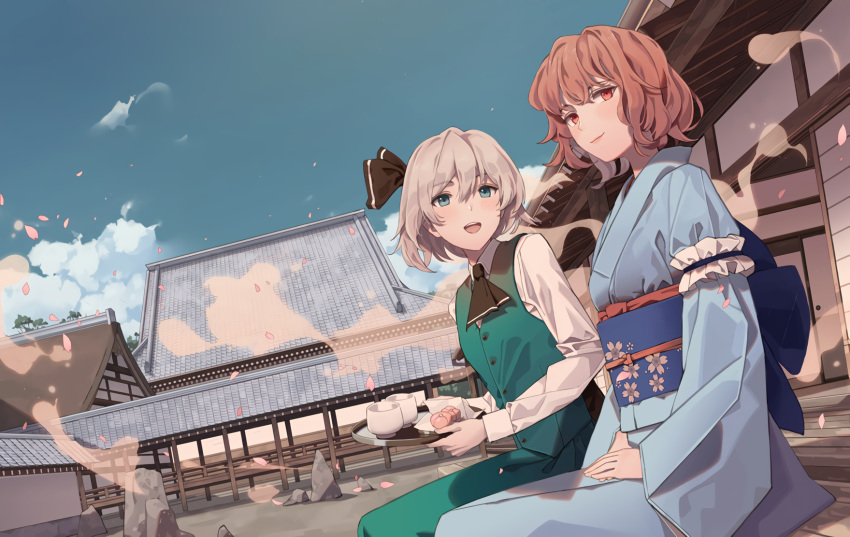 2girls building cherry_blossoms drink flowers japanese_clothes kimono konpaku_youmu maachi_(fsam4547) saigyouji_yuyuko_(living) touhou waifu2x