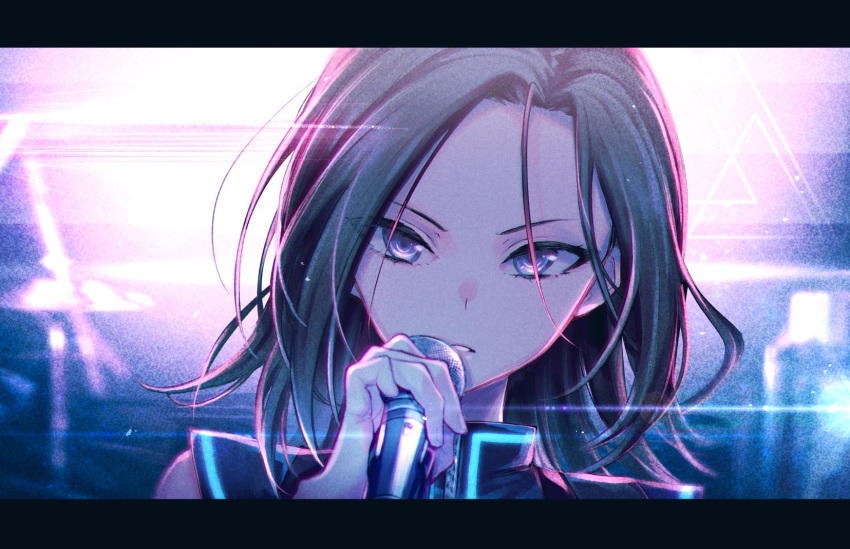 1girl bang_dream! black_eyes black_hair diffraction_spikes highres holding holding_microphone layer_(bang_dream!) letterboxed long_hair looking_at_viewer microphone neon_trim no_bangs parted_hair parted_lips portrait shiontaso solo