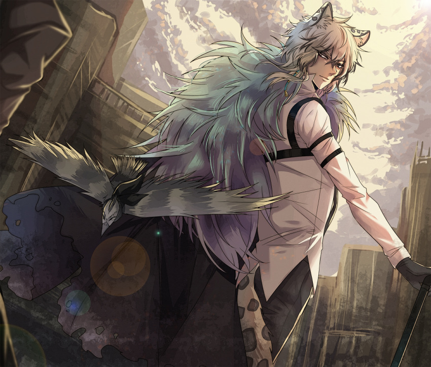 1boy animal animal_ear_fluff animal_ears arknights bird black_gloves cane cat_ears dutch_angle gloves hair_between_eyes highres light_smile long_hair looking_at_viewer male_focus nga_(artist) silver_eyes silverash_(arknights) simple_background solo tail