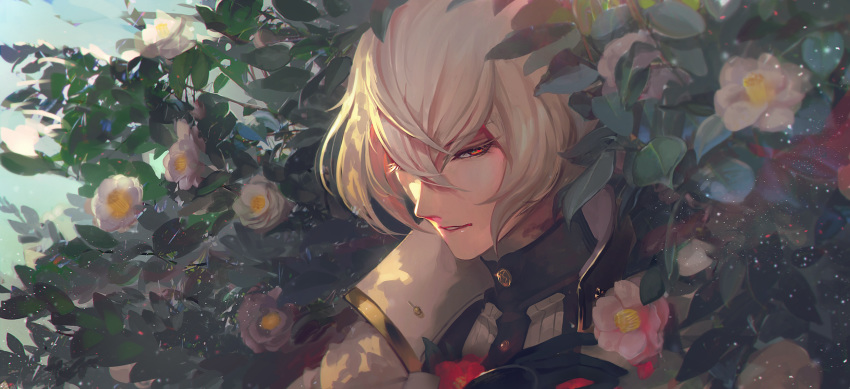 1boy blonde_hair bush camellia egawa_akira eyelashes flower hair_over_one_eye higekiri_(touken_ranbu) high_collar highres portrait red_eyes solo touken_ranbu upper_body