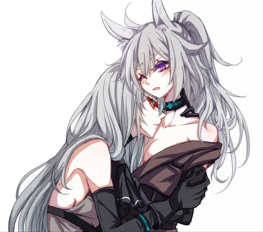 2girls ;o animal_ears arknights bare_shoulders black_gloves breasts cleavage eyebrows_visible_through_hair eyeliner gloves grani_(arknights) highres horse_ears hug long_hair makeup multiple_girls nga_(artist) one_eye_closed ponytail purple_eyes red_eyes silver_hair simple_background skadi_(arknights) very_long_hair white_background yuri