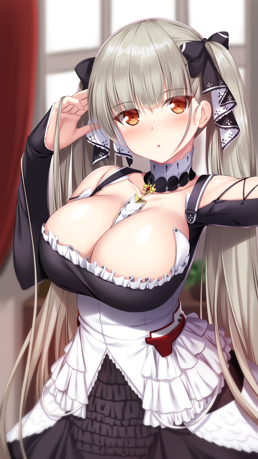 1girl absurdres azur_lane bangs between_breasts blurry blurry_background blush breasts cleavage collarbone cowboy_shot curtains detached_collar expressionless eyebrows_visible_through_hair formidable_(azur_lane) frills grey_hair hair_ribbon hand_in_hair highres kageira large_breasts long_hair long_sleeves looking_at_viewer red_eyes ribbon solo twintails two-tone_dress two-tone_ribbon very_long_hair white_frills window