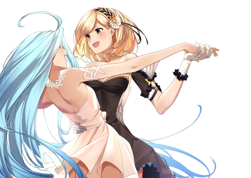 absurdres bare_shoulders blonde_hair dancing djeeta_(granblue_fantasy) dress flower gloves granblue_fantasy hair_flower hair_ornament highres lyria_(granblue_fantasy) short_hair soruna_(nell) strapless strapless_dress white_dress white_gloves