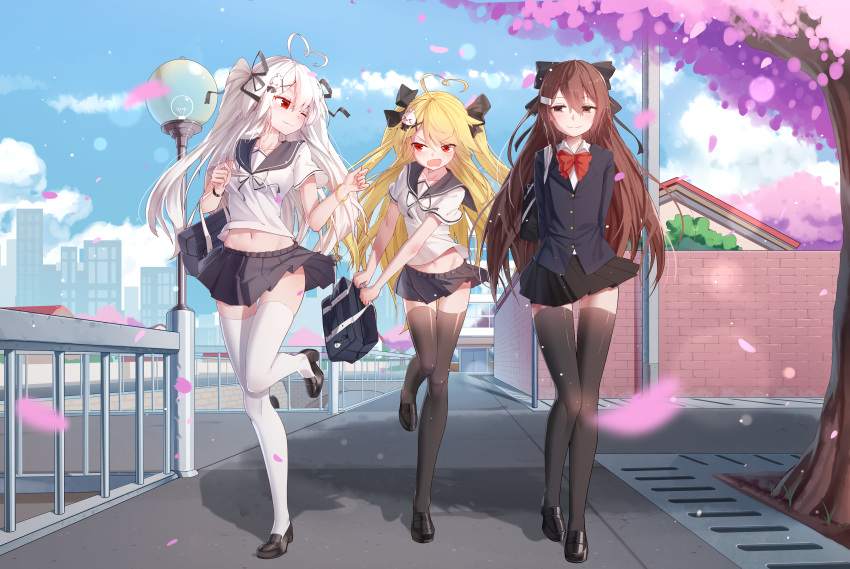 3girls :o absurdres ahoge arms_behind_back bag bai_yemeng bangle bangs black_footwear black_jacket black_legwear black_ribbon black_sailor_collar black_skirt blazer blonde_hair blue_sky blurry blurry_foreground blush bow bowtie bracelet breasts brown_eyes brown_hair building buttons cherry_blossoms cityscape closed_mouth cloud cloudy_sky collarbone collared_shirt commentary_request day depth_of_field duffel_bag groin hair_between_eyes hair_ornament hair_ribbon hairclip heart_ahoge highres holding holding_bag house huge_filesize jacket jewelry lamppost large_breasts leg_up light_particles loafers long_hair looking_at_another medium_breasts midriff miniskirt multiple_girls navel one_eye_closed open_mouth original outdoors path pleated_skirt red_eyes red_neckwear ribbon road sailor_collar school_bag school_uniform serafuku shadow shirt shoes short_sleeves siblings sidelocks signature sisters skirt sky skyline smile stomach thighhighs tokisaki_asaba tokisaki_mio tree two_side_up undershirt v-shaped_eyebrows very_long_hair walking white_hair white_legwear white_shirt wing_collar wristband x_hair_ornament zettai_ryouiki