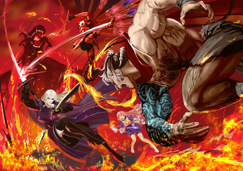 1boy 3girls :o abandoned_star_hundra abashiri_iwaji absurdres battle black_legwear blue_cape blue_eyes cape chest_hair clenched_hand demel_lunarian dragon dual_wielding error fire furai_(pixiv_fantasia_last_saga) highres holding kicking leg_hair motion_blur moyatarou multiple_girls muscle outdoors pink_hair pixiv_fantasia pixiv_fantasia_age_of_starlight red_armor red_hair red_scarf scar scarf shouting sword tattoo thighhighs weapon white_hair