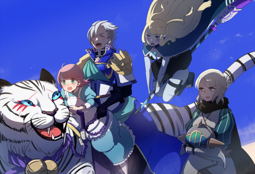 1boy 3girls :d :o apron armor bell black_cape black_gloves blonde_hair blue_background blue_cape blue_dress blue_eyes blush braid broom broom_riding cape closed_eyes dress gloves green_eyes grey_hair headwear_removed helmet helmet_removed laughing long_hair multiple_girls narumiko_busa open_mouth pink_hair pixiv_fantasia pixiv_fantasia_age_of_starlight sidelocks silver_eyes smile standing sweatdrop tiger tiger_fang_thistle vortex_witch_holon