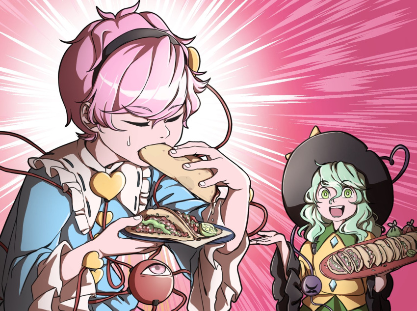 2girls black_hairband black_headwear blue_shirt closed_eyes commentary_request eating eyebrows_visible_through_hair facial_hair food frilled_sleeves frills fruit green_eyes green_hair hair_between_eyes hairband holding holding_plate holding_tray komeiji_koishi komeiji_satori lime_(fruit) long_hair looking_at_viewer mefomefo multiple_girls mustache open_mouth pink_background pink_hair plate shirt short_hair siblings sisters smile sweatdrop taco third_eye touhou tray