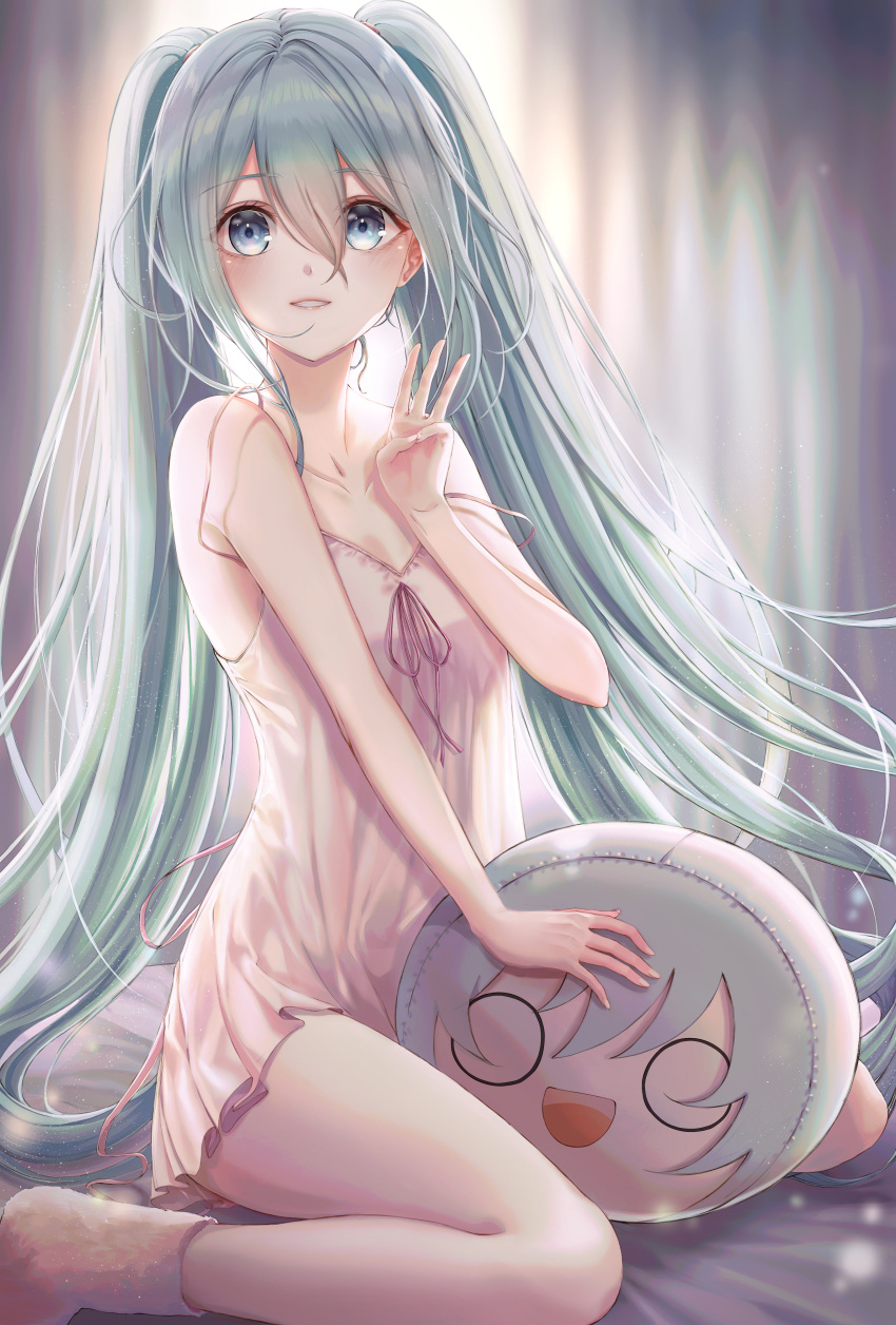 1girl absurdres aqua_eyes aqua_hair commentary csc00014 curtains hand_up hatsune_miku highres huge_filesize long_hair looking_at_viewer nightgown open_mouth parted_lips pink_legwear pink_nightgown sitting smile socks solid_circle_eyes stuffed_toy twintails very_long_hair vocaloid w wariza