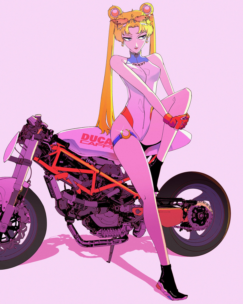 1girl absurdres adapted_costume backlighting bishoujo_senshi_sailor_moon blue_eyes breasts commentary crescent crescent_earrings double_bun ducati earrings english_commentary eyewear_on_head full-length_zipper gloves ground_vehicle hair_ornament highres jewelry leaning_against_motorcycle leg_hold leotard long_hair long_legs looking_to_the_side medium_breasts motor_vehicle motorcycle orange-tinted_eyewear perky_breasts race_queen red_gloves rimless_eyewear shoes sleeveless sneakers solo sunglasses thigh_strap tsukino_usagi turtleneck_leotard twintails vinne zipper