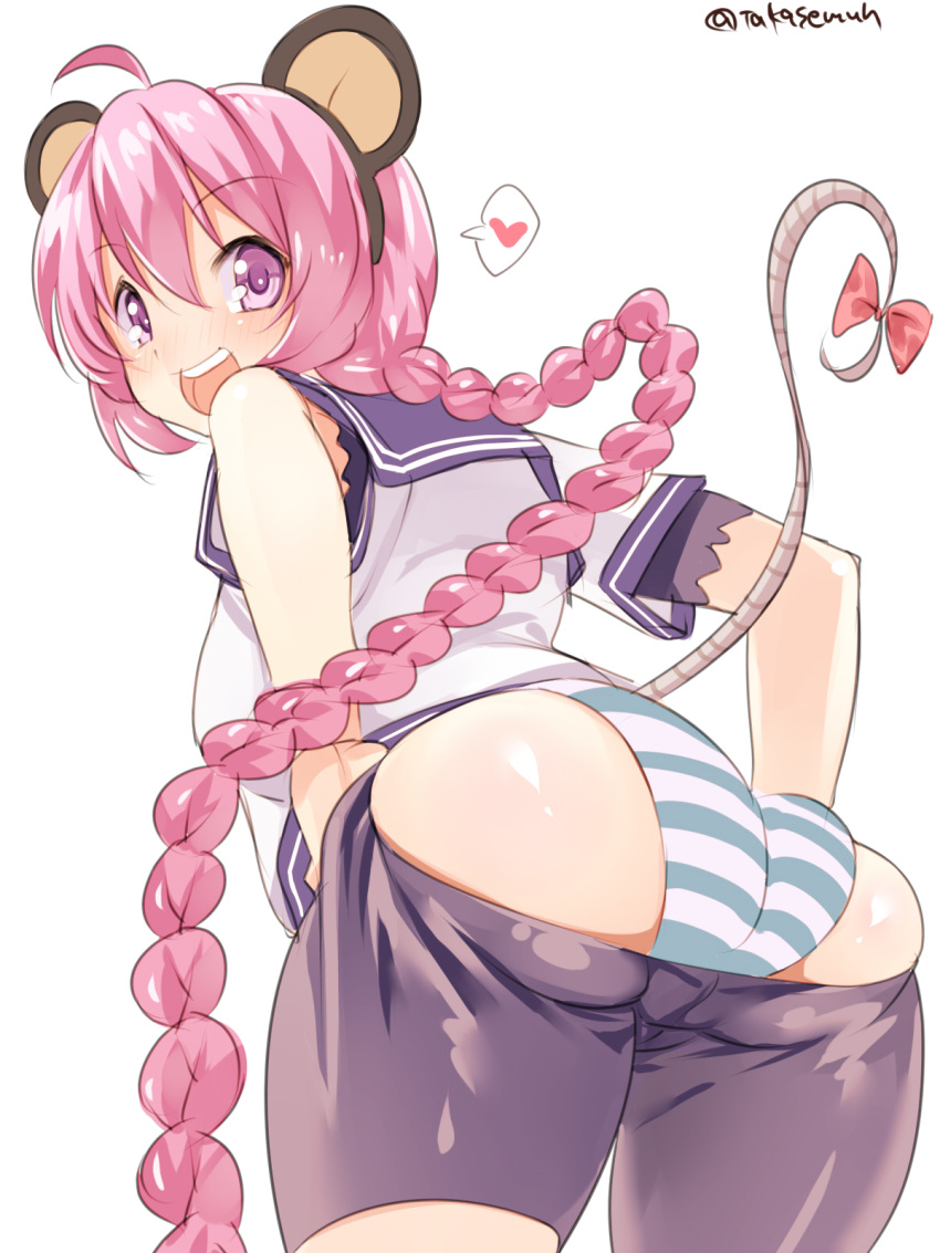 1girl animal_ears ass bangs bike_shorts blush braid breasts eyebrows_visible_through_hair fake_animal_ears from_behind heart highres kantai_collection long_hair mouse_ears mouse_tail nenohi_(kantai_collection) open_mouth panties pink_eyes pink_hair ribbon sailor_collar school_uniform serafuku short_sleeves simple_background single_braid solo spoken_heart striped striped_panties tail takase_muu underwear very_long_hair white_background