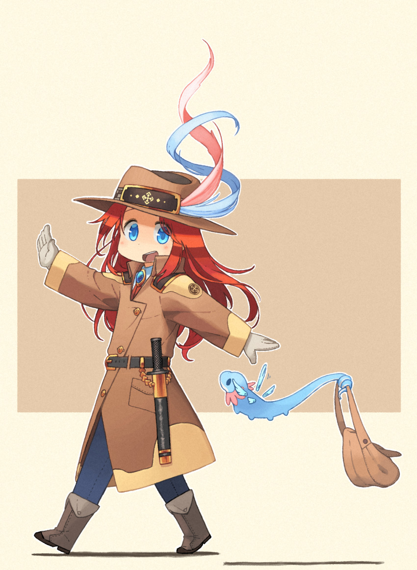 1girl absurdres bag blue_eyes bolo_tie boots brown_footwear coat creature denim gloves handbag hat highres jeans long_hair nishimura_(prism_engine) original outstretched_hand pants red_hair sheath sheathed sword tail tail_grab walking weapon
