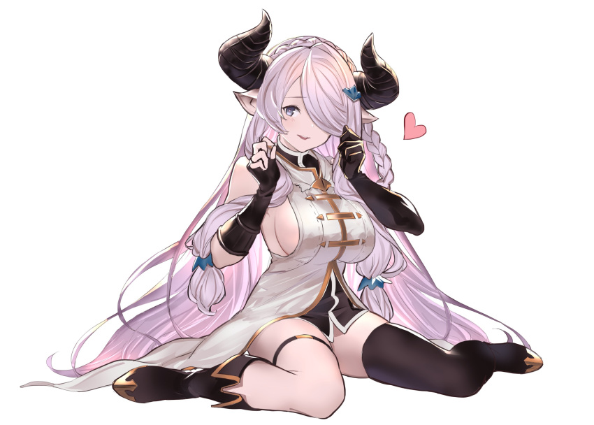 1girl asymmetrical_footwear bare_shoulders black_gloves blush boots braid breasts commentary_request draph elbow_gloves fingerless_gloves full_body gloves granblue_fantasy hair_ornament hair_over_one_eye hairclip hands_up highres horns jikatarou knee_boots large_breasts long_hair looking_at_viewer low-tied_long_hair narmaya_(granblue_fantasy) open_mouth pink_hair pointy_ears purple_eyes simple_background sitting sleeveless smile solo thigh_boots thigh_strap thighhighs tied_hair wariza white_background
