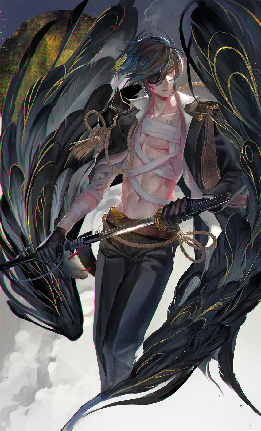 1boy absurdres bandages bare_chest black_gloves black_hair drawing_sword egawa_akira eyepatch gloves highres holding holding_sheath huge_filesize jacket katana male_focus open_clothes open_jacket sheath shokudaikiri_mitsutada solo sword touken_ranbu weapon wings