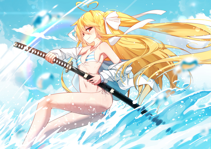 1girl absurdres animal bai_yemeng bangs bare_shoulders bikini blonde_hair blue_sky blurry blurry_foreground blush breasts closed_mouth cloud collarbone commentary_request day depth_of_field eyebrows_visible_through_hair fish floating_hair hair_between_eyes hair_ribbon highres holding holding_sheath holding_sword holding_weapon jacket katana long_hair off_shoulder open_clothes open_jacket original outdoors red_eyes revision ribbon sheath side-tie_bikini sky small_breasts smile solo striped striped_bikini swimsuit sword tokisaki_asaba two_side_up unsheathing very_long_hair water weapon white_jacket white_ribbon x_x