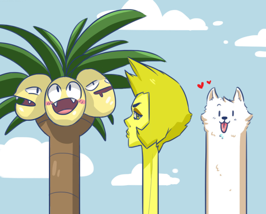 1girl :d alolan_exeggutor alolan_form black_eyes blonde_hair blue_sky blush cloud cloudy_sky creature crossover day dog face fangs gen_7_pokemon heart lesser_dog long_neck looking_at_viewer no_humans open_mouth outdoors pokemon pokemon_(creature) short_hair sky smile steven_universe tonestarr tongue tongue_out trait_connection undertale yellow_diamond_(steven_universe) yellow_eyes yellow_skin