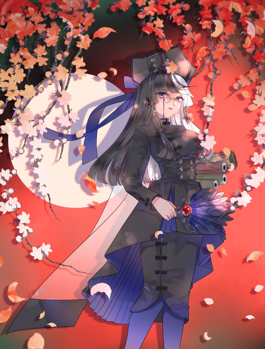 1girl absurdres black_hair black_headwear black_skirt feather_fan frown hair_tubes highres huge_filesize long_hair long_sleeves looking_at_viewer monocle pince-nez pixiv_fantasia pixiv_fantasia_age_of_starlight red_background scroll shadow sidelocks silver_eyes skirt tao_(pixiv_fantasia_age_of_starlight)