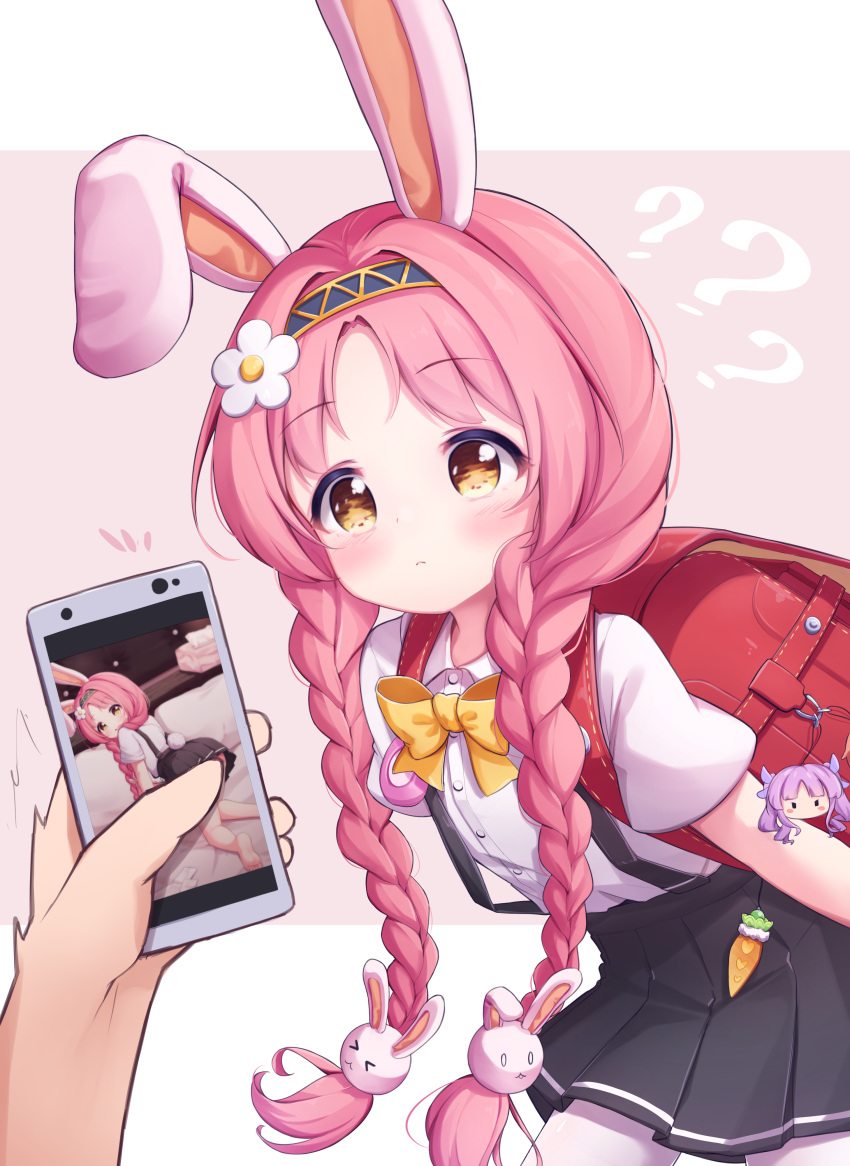 &gt;_&lt; 1girl ? absurdres akane_mimi animal_ears artist_self-insert backpack bag bag_charm bangs black_skirt blue_hairband blush bow braid brown_background brown_hair bunny_ears bunny_hair_ornament cellphone cellphone_picture charm_(object) closed_mouth collared_shirt dress_shirt eyebrows_visible_through_hair flower hair_flower hair_ornament hairband highres hikawa_kyouka holding holding_cellphone holding_phone leaning_forward long_hair low_twintails out_of_frame pantyhose parted_bangs phone pleated_skirt princess_connect! princess_connect!_re:dive randoseru shirt short_sleeves skirt solo_focus suspender_skirt suspenders tokenbox twin_braids twintails two-tone_background very_long_hair white_background white_flower white_legwear white_shirt yellow_bow