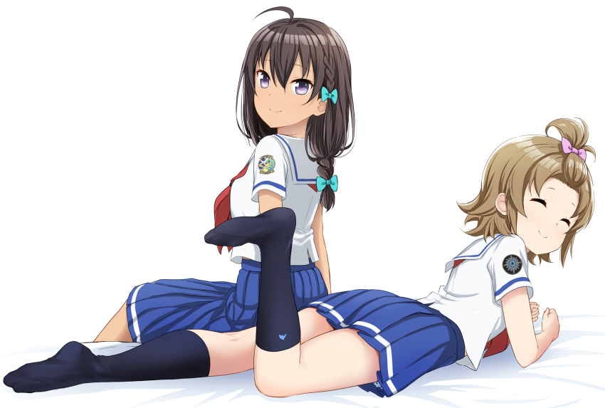 2girls abe_kanari ahoge black_legwear blue_bow blue_eyes blue_skirt bow braid brown_hair closed_eyes closed_mouth collared_shirt hair_bow high_school_fleet highres kneehighs long_hair lying medium_skirt miniskirt multiple_girls neckerchief on_stomach pink_bow pleated_skirt red_neckwear sailor_collar sailor_shirt school_uniform serafuku shiny shiny_hair shirt simple_background sitting skirt smile tied_hair uchida_mayumi white_background white_sailor_collar white_shirt yamashita_hideko