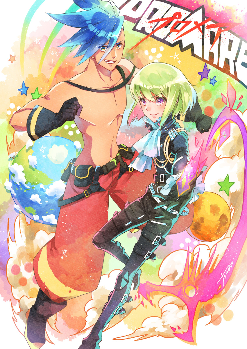 2boys absurdres belt black_gloves black_pants blue_eyes blue_hair boots clenched_hands cloud copyright_name cravat earth eyes_visible_through_hair fire galo_thymos gloves green_hair grin highres lio_fotia male_focus multiple_boys pants promare purple_eyes red_pants shirtless smile spiked_hair star tamaru