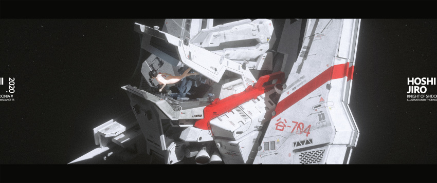 1girl 2020 3d black_hair breasts cockpit english_text floating highres ibara_dance letterboxed looking_away medium_breasts nude science_fiction seat short_hair sidonia_no_kishi solo space space_craft