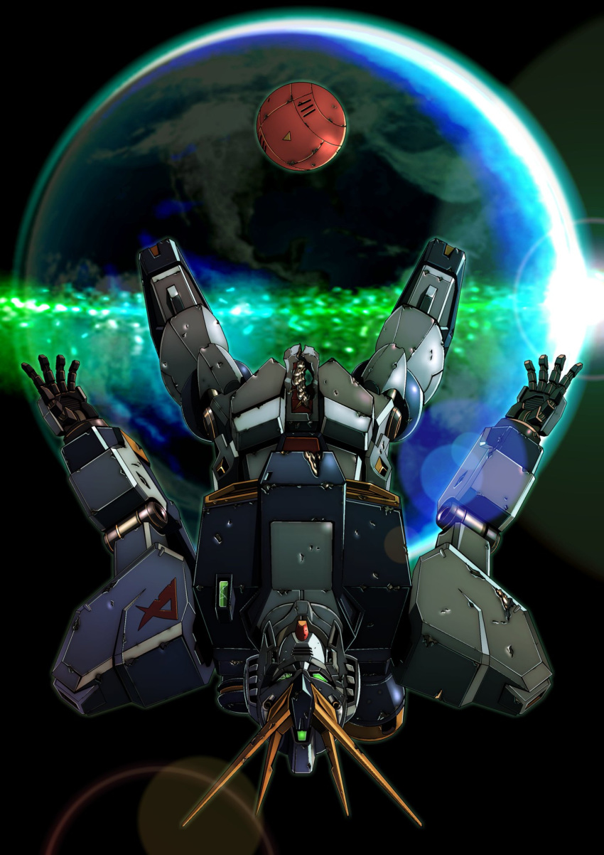 char's_counterattack cockpit commentary_request damaged earth full_body green_eyes gundam highres joy_(cyber_x_heaven) mecha no_humans nu_gundam open_hands space upside-down