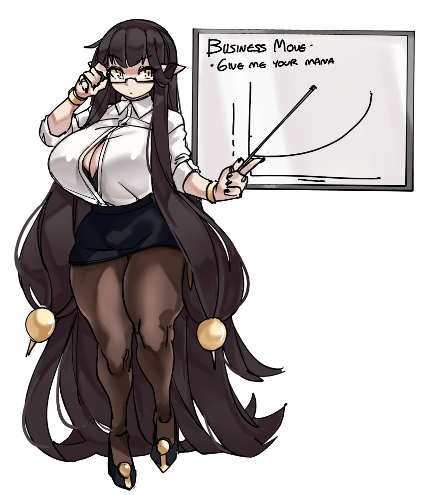 1girl absurdly_long_hair absurdres adjusting_eyewear black-framed_eyewear black_bra black_hair black_nails bra bracelet breasts brown_legwear bursting_breasts cleavage english_text eyebrows_visible_through_hair fate/apocrypha fate/grand_order fate_(series) full_body hair_ornament high_heels highres huge_breasts jewelry long_hair miniskirt pantyhose pencil_skirt pointer pointy_ears ring semi-rimless_eyewear semiramis_(fate) skirt solo standing teacher thick_thighs thighs under-rim_eyewear underwear very_long_hair whiteboard yellow_eyes zana