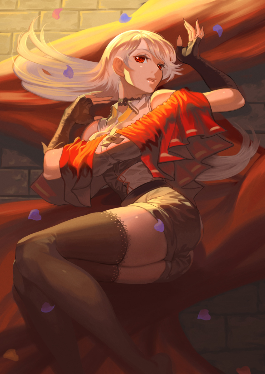 1girl black_gloves black_legwear breasts cape cleavage detached_collar fingerless_gloves gloves highres large_breasts little_match_girl long_hair lying on_side parted_lips petals red_cape red_eyes shorts solo thighhighs tomatom47240459 white_hair