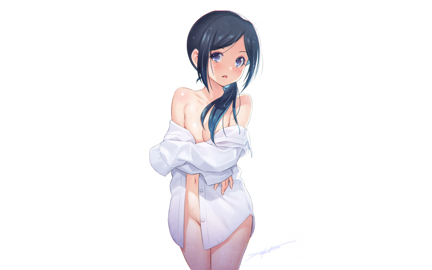 black_hair blue_eyes kazuma_muramasa long_hair naked_shirt no_bra nopan original photoshop ponytail signed white