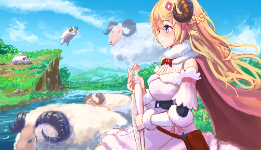 1girl blonde_hair blue_sky blush braid breasts cape closed_mouth cloud commentary flower french_braid harp highres holding holding_instrument hololive horns instrument long_hair looking_to_the_side medium_breasts nature neck_ribbon outdoors pouch purple_eyes red_cape red_ribbon ribbon river riverbank roke_(taikodon) sheep sheep_horns sitting sky smile solo tsunomaki_watame virtual_youtuber