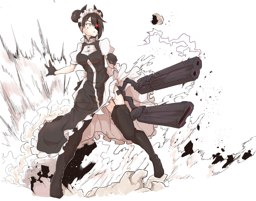 1girl absurdres agent_(girls_frontline) asymmetrical_hair beam_cannon black_dress black_footwear black_gloves boots cannon dinoyhs double_bun dress dress_lift dust explosion eyelashes frilled_dress frills garter_straps girls_frontline gloves glowing glowing_eye hair_over_one_eye high_heel_boots high_heels highres juliet_sleeves long_sleeves looking_to_the_side maid maid_headdress mechanical_arm parted_lips puffy_sleeves red_eyes rubble sangvis_ferri scrape short_sleeves simple_background smoke solo thigh_boots thighhighs thighs tsurime white_background wire yellow_eyes