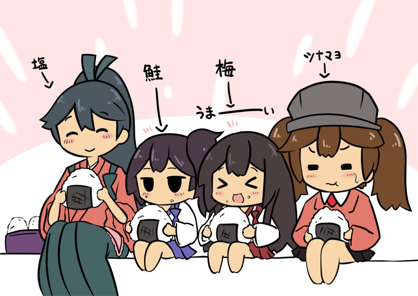 &gt;_&lt; 4girls akagi_(kantai_collection) chibi daigorou_(42036928) eating food highres houshou_(kantai_collection) kaga_(kantai_collection) kantai_collection megahiyo_(style) multiple_girls onigiri ryuujou_(kantai_collection) side_ponytail sitting translation_request twintails visor_cap