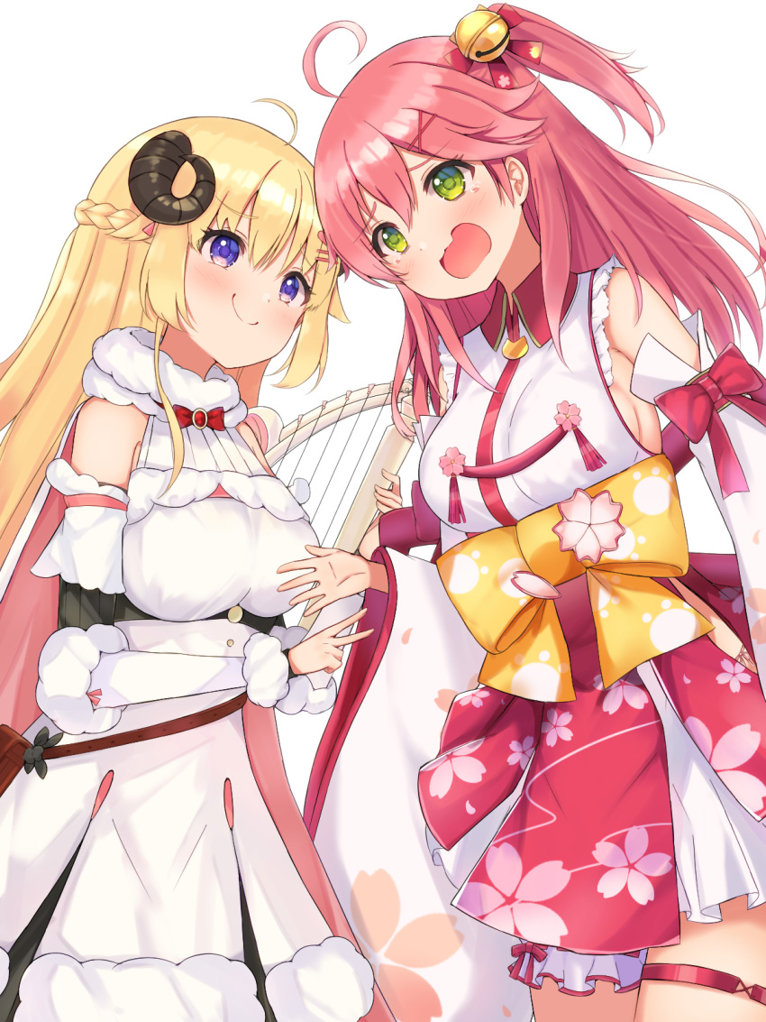 2girls blonde_hair blush breasts commentary_request detached_sleeves green_eyes harp highres hololive horns instrument looking_at_another mi_taro333 multiple_girls nontraditional_miko open_mouth pink_hair purple_eyes rock_paper_scissors sakura_miko sheep_horns simple_background smug tears tsunomaki_watame virtual_youtuber white_background