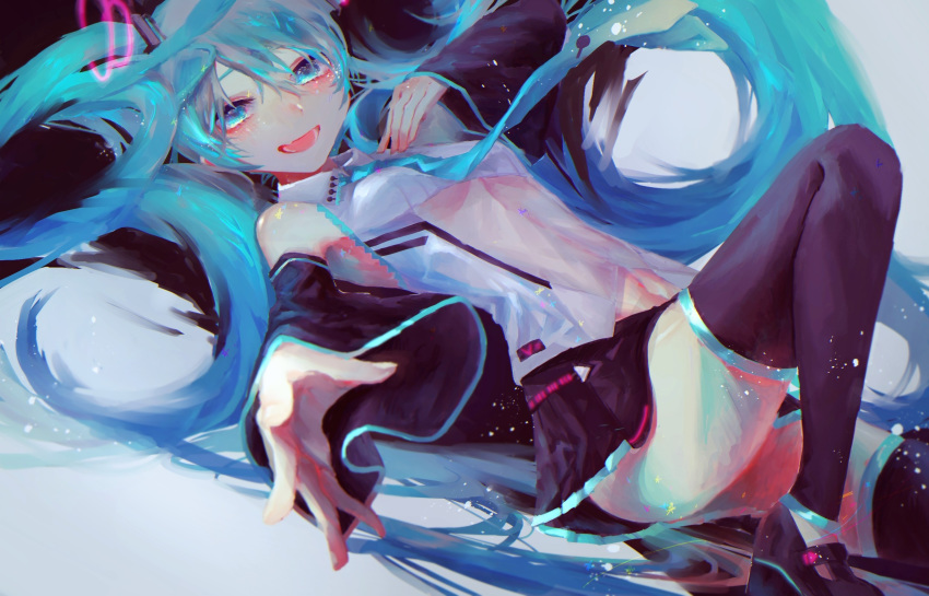 1girl aqua_eyes aqua_hair aqua_neckwear bare_shoulders black_footwear black_legwear black_skirt black_sleeves breasts commentary detached_sleeves hair_ornament hand_on_own_chest hatsune_miku highres long_hair looking_at_viewer lying necktie on_back open_mouth qq_orikou reaching_out shirt shoes skirt sleeveless sleeveless_shirt small_breasts smile solo thighhighs twintails very_long_hair vocaloid white_shirt