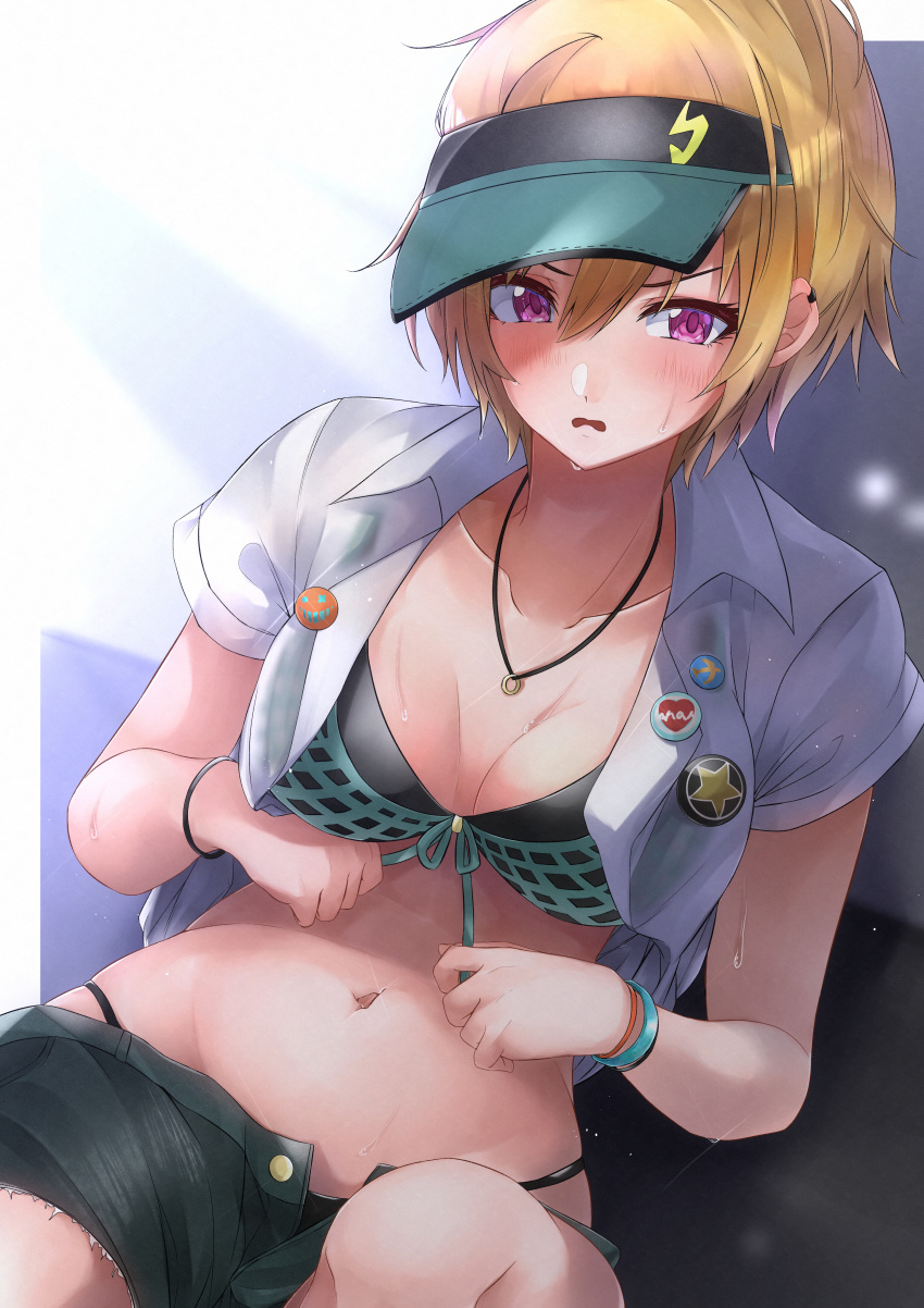 1girl :0 absurdres badge bangs bikini blonde_hair blush breasts button_badge cleavage collarbone ear_piercing front-tie_bikini front-tie_top green_shorts hair_between_eyes highres idolmaster idolmaster_shiny_colors jewelry layered_bikini looking_at_viewer medium_breasts navel necklace open_clothes open_mouth open_shirt piercing purple_eyes ring_necklace saijou_juri see-through shirt short_hair short_sleeves shorts sitting solo sunlight swimsuit tutinako visor_cap wet wet_clothes wet_shirt white_shirt wristband