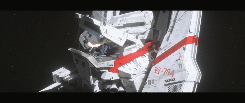 1girl 3d black_hair breasts cockpit floating highres ibara_dance letterboxed looking_away medium_breasts nude science_fiction seat short_hair sidonia_no_kishi solo space space_craft
