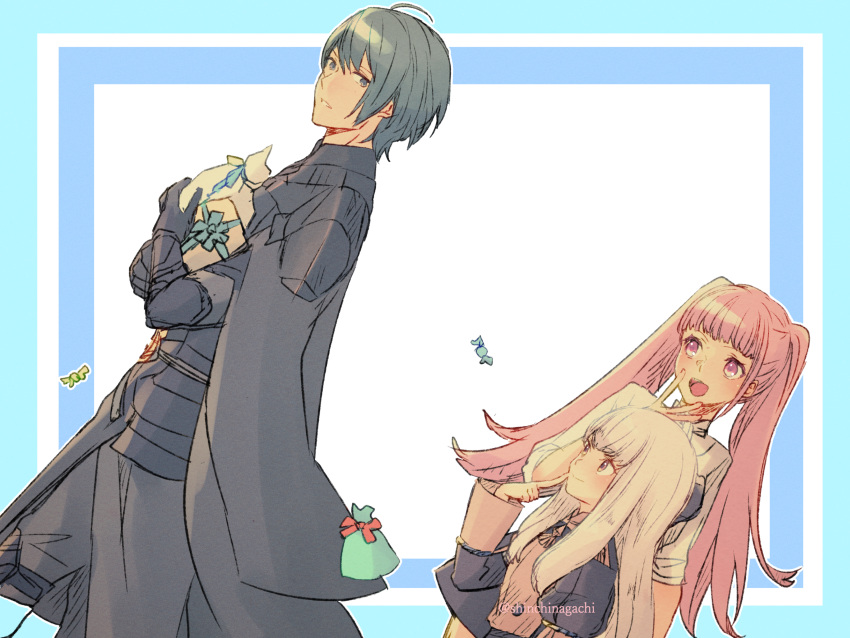 1boy 2girls armor blue_eyes blue_hair box byleth_(fire_emblem) byleth_(fire_emblem)_(male) candy closed_mouth fire_emblem fire_emblem:_three_houses food gift gift_bag gift_box highres hilda_valentine_goneril holding long_hair long_sleeves lysithea_von_ordelia multiple_girls nishimura_(nianiamu) open_mouth parted_lips pink_eyes pink_hair short_hair simple_background twintails twitter_username white_hair