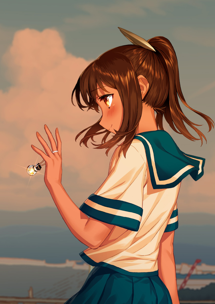 1girl blew_andwhite blouse blue_sailor_collar brown_eyes brown_hair cloud cowboy_shot dark_skin dawn from_behind highres i-401_(kantai_collection) kantai_collection outdoors ponytail sailor_collar school_uniform serafuku short_sleeves sidelocks solo third-party_edit white_blouse