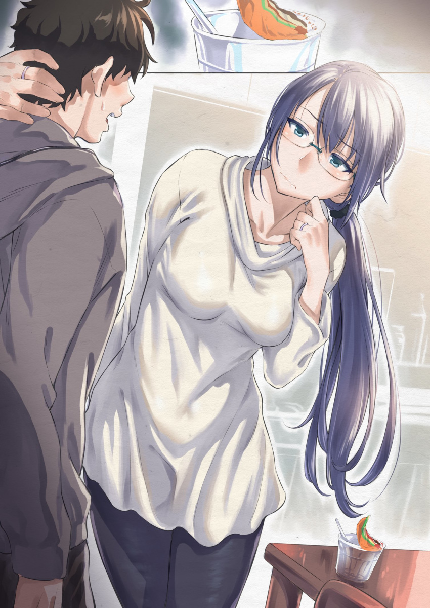 1boy 1girl blue_eyes blue_hair breasts collarbone commentary_request cup_ramen dress faceless faceless_male glasses hand_behind_head highres husband_and_wife inu_(aerodog) jewelry long_hair low_ponytail original pants ponytail ring short_dress sweatshirt table very_long_hair wavy_mouth wedding_band white_dress