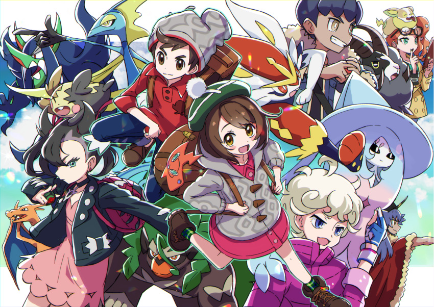 3girls 4boys :d aqua_eyes backpack bag beanie beet_(pokemon) black_hair black_jacket blonde_hair blue_eyes blue_pants bob_cut brown_eyes brown_footwear brown_hair character_request charizard choker cinderace closed_mouth commentary_request curly_hair dande_(pokemon) dark_skin dark_skinned_male dress dusk_ball eyewear_on_head fingerless_gloves gen_1_pokemon gen_8_pokemon gloves green_headwear grey_cardigan grin hat holding holding_poke_ball holding_strap hop_(pokemon) inteleon jacket kingin long_sleeves mary_(pokemon) masaru_(pokemon) morpeko multiple_boys multiple_girls open_clothes open_jacket open_mouth orange_hair pants pink_dress plaid plaid_legwear poke_ball pokemon pokemon_(creature) pokemon_(game) pokemon_on_head pokemon_swsh purple_jacket red_shirt rillaboom rotom_phone shirt side_ponytail smile socks sonia_(pokemon) tam_o'_shanter wristband yamper yellow_eyes yuuri_(pokemon)