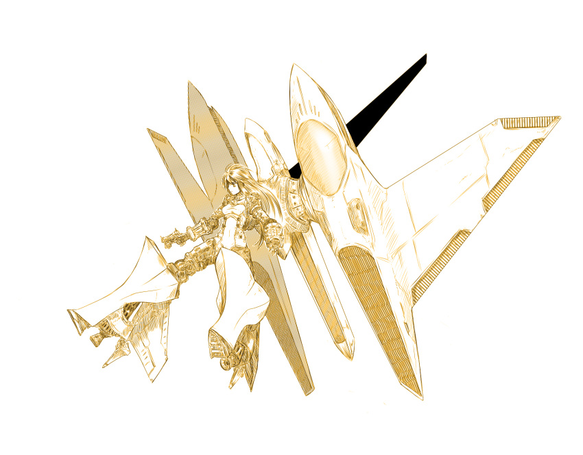 1girl breasts closed_mouth covered_navel gun highres holding holding_gun holding_weapon jet_engine kotoba_noriaki long_hair mecha_musume mechanical_legs monochrome original simple_background small_breasts solo weapon white_background yellow_theme