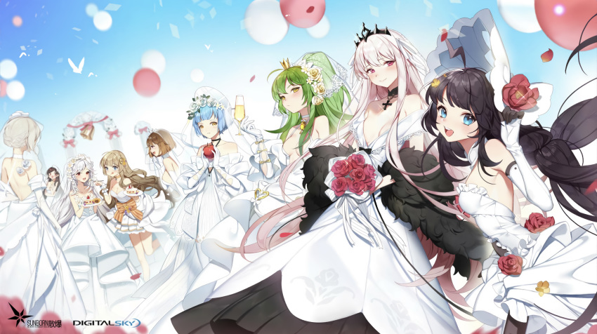 cake cropped drink food girls_frontline grizzly_mkv_(girls_frontline) group kar98k_(girls_frontline) long_hair m950a_(girls_frontline) short_hair tagme_(artist) tagme_(character) wedding_attire zas_m21_(girls_frontline)